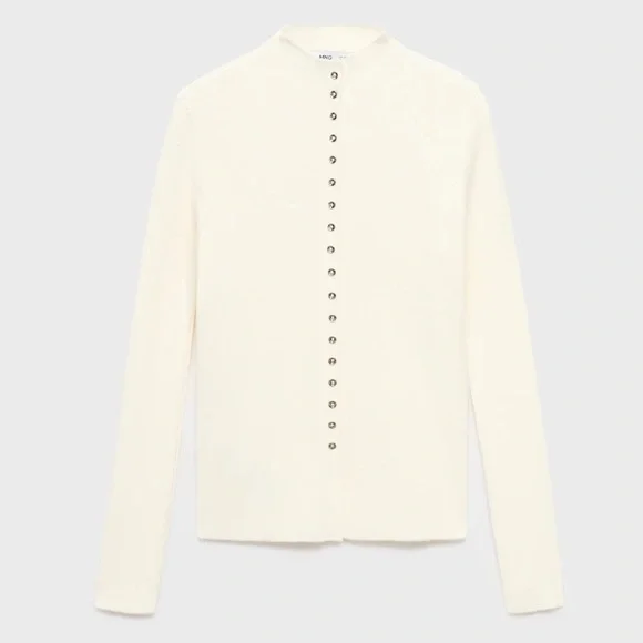 Mango XL Ivory Fine Knit Ribbed Mock Neck Mini Button Front Wool Blend Cardigan - Picture 4 of 16